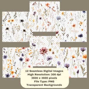 Puede incluir: Un conjunto de 12 im&aacute;genes digitales sin costuras con dise&ntilde;os florales en acuarela. Las im&aacute;genes muestran flores silvestres en tonos morados, naranjas, amarillos y marrones sobre un fondo transparente. El texto de la imagen indica una alta resoluci&oacute;n de 300 ppp y un tipo de archivo PNG.