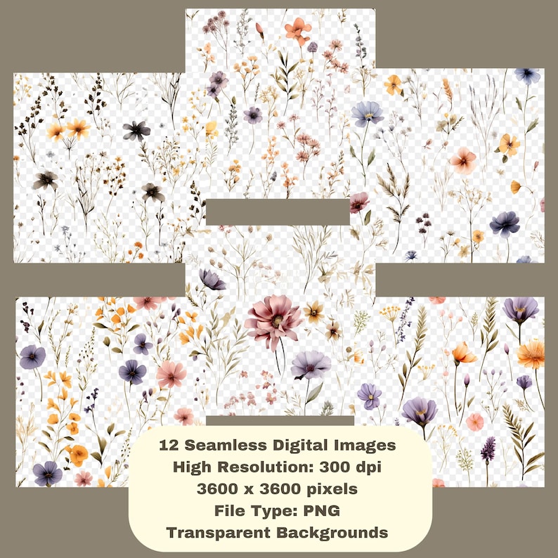 Puede incluir: Un conjunto de 12 im&aacute;genes digitales sin costuras con dise&ntilde;os florales en acuarela. Las im&aacute;genes muestran flores silvestres en tonos morados, naranjas, amarillos y marrones sobre un fondo transparente. El texto de la imagen indica una alta resoluci&oacute;n de 300 ppp y un tipo de archivo PNG.