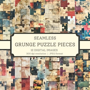 Puede incluir: Doce imágenes digitales de piezas de rompecabezas grunge sin costuras en varios colores, incluidos rojo, azul, verde, amarillo y marrón. Las imágenes tienen una resolución de 300 ppp y están en formato JPEG.