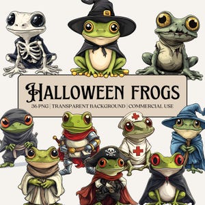 Bundle de cliparts grenouilles d'Halloween, PNG haute qualité, arrière-plans transparents, usage commercial, animaux effrayants numériques, sublimation