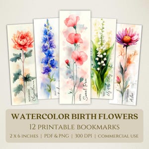 Marque-pages imprimables aquarelle fleurs du mois de naissance, images numériques de haute qualité, téléchargement immédiat, cadeau pour amateur de club de lecture, motifs floraux