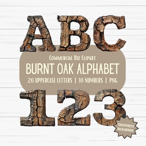 Verbrand eikenhout alfabet PNG, A tot Z letters, 0 tot en met 9 cijfers, hoge resolutie clipart digitale ontwerpen, transparante achtergrond, commercieel gebruik