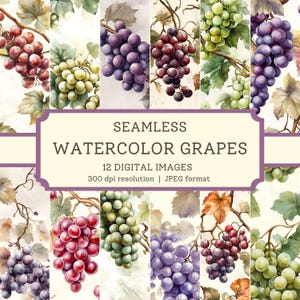 Carta digitale con uva acquerellata, immagini di alta qualità senza soluzione di continuità, album di ritagli/design tessile con frutta di vigneto, sfondi digitali per amanti del vino