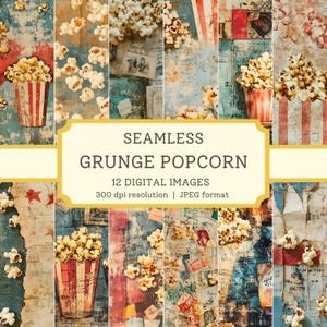 May include: A digital collage featuring 12 seamless grunge popcorn images. The design incorporates popcorn in red and white striped containers, scattered kernels, and vintage paper textures. The text reads "SEAMLESS GRUNGE POPCORN" and "12 DIGITAL IMAGES".