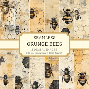 Grunge Bienen Digitales Papier, hochwertige nahtlose Bilder, Waben Junk Journal Scrapbook / Textilmuster-Designs, digitale Hintergründe