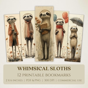 Whimsical Sloths Printable Bookmarks, High Quality Digital Images, Instant Download, Book Club Lover Gift, Quirky Vintage-Style Animal PNG