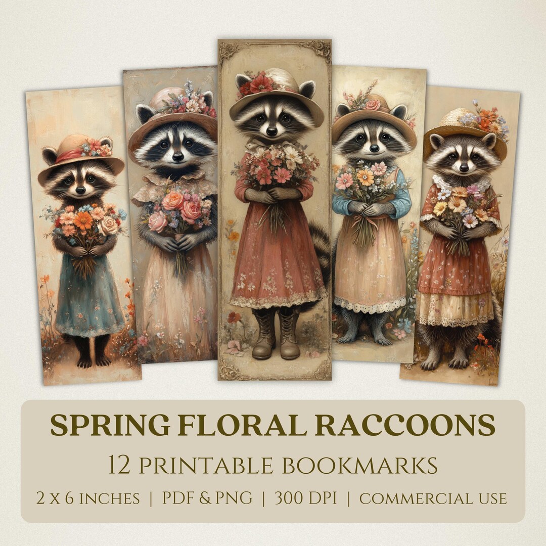 Spring Raccoon Pattern Spring Floral Raccoons Printable Bookmarks, High Quality Digital Images ...