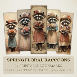 Spring Floral Raccoons Printable Bookmarks, High Quality Digital Images, Instant Download, Book Club Lover Gift, Clothed Woodland Animals