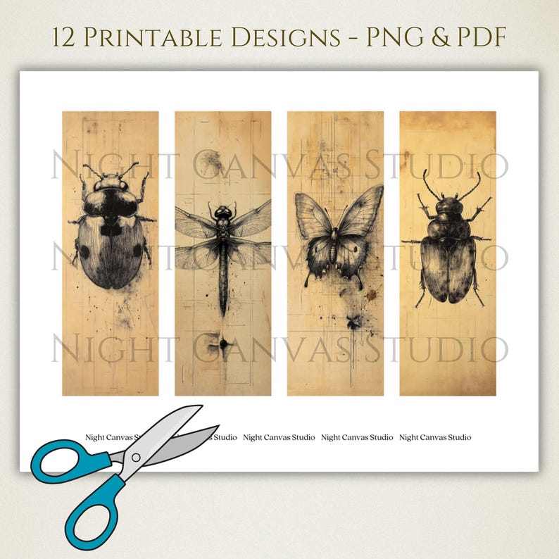 Ink Sketch Insects Printable Bookmarks, High Quality Digital Images ...