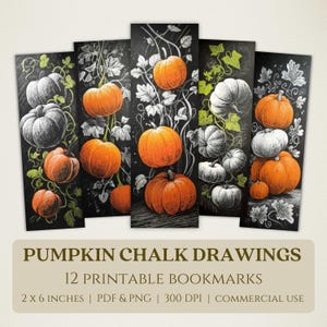 Op de afbeelding: Set van vijf printbare bladwijzers met krijttekeningen van pompoenen. De pompoenen zijn oranje en wit, met groene wijnranken op een zwarte achtergrond. De tekst luidt "PUMPKIN CHALK DRAWINGS" en "12 PRINTABLE BOOKMARKS". Elke bladwijzer is 5.08 cm x 15.24 cm groot.
