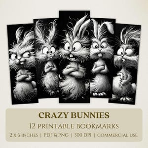 Marque-pages imprimables Crazy Bunnies, Images numériques de haute qualité, téléchargement immédiat, cadeau pour les amoureux du club de lecture, conception PNG de drôles de lapins insolites