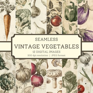 Papel digital de verduras vintage, 12 imágenes sin costuras de alta calidad, fondos digitales de diseños textiles/álbum de recortes imprimibles, uso comercial