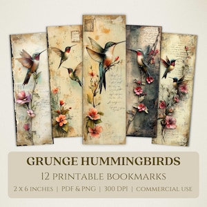 Op de afbeelding: Twaalf printbare bladwijzers met vintage-illustraties van kolibries in de vlucht, gepercht op takken met bloemen. De achtergrond is een verweerde, verouderde papiertextuur met handschrift. Elke bladwijzer is 5,1 cm bij 15,2 cm.