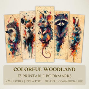 Marque-pages imprimables animaux colorés des bois, images numériques de haute qualité, téléchargement immédiat, cadeau pour les amateurs de club de lecture, éclaboussures d'encre Cottagecore
