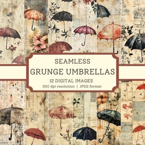 以下が含まれることがあります： 赤、黒、紫など、さまざまな色のヴィンテージスタイルの傘のコレクションをフィーチャーしたデジタルコラージュ。 傘は、花柄や手書きの要素が施された、古びた紙を背景に配置されています。 テキストには「SEAMLESS GRUNGE UMBRELLAS」と書かれています。