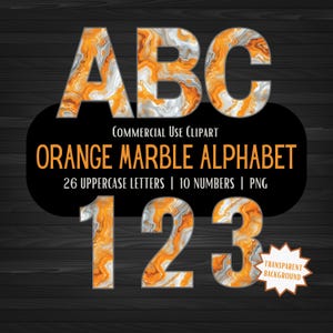 Oranges Marmor Alphabet PNG, A bis Z Buchstaben, 0 bis 9 Zahlen, hochauflösende digitale bunte Schriftzüge Clipart, transparenter Hintergrund