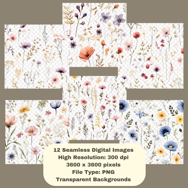 Puede incluir: Un conjunto de 12 im&aacute;genes digitales sin costuras con dise&ntilde;os florales en acuarela. Los patrones muestran diversas flores silvestres en tonos rosa, morado, naranja y azul, sobre fondos transparentes. Im&aacute;genes de 3600 x 3600 p&iacute;xeles, 300 ppp, tipo PNG.
