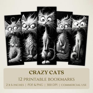 Marque-pages imprimables Crazy Cats, Images numériques de haute qualité, téléchargement immédiat, cadeau pour les amoureux du club de lecture, chatons originaux drôles pour animaux de compagnie PNG