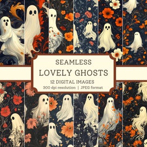 Papel digital de fantasmas encantadores, imágenes sin costuras de alta calidad, diseños imprimibles para álbumes de recortes/textiles de Halloween, fondos digitales florales de otoño