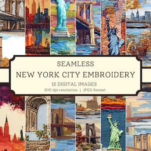 Carta da ricamo digitale con New York City, immagini di alta qualità senza soluzione di continuità, album di ritagli/disegni tessili con lo skyline di New York stampabili, sfondi digitali