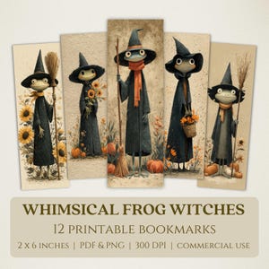 Whimsical Frog Witches Printable Bookmarks, High Quality Digital Images, Cottagecore Book Lover Gift, Spooky Woodland Toads Halloween PNG