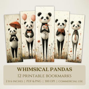 Marcapáginas imprimibles de pandas caprichosos, imágenes digitales de alta calidad, descarga instantánea, regalo para amantes de los clubes de lectura, osos de estilo cottagecore vintage