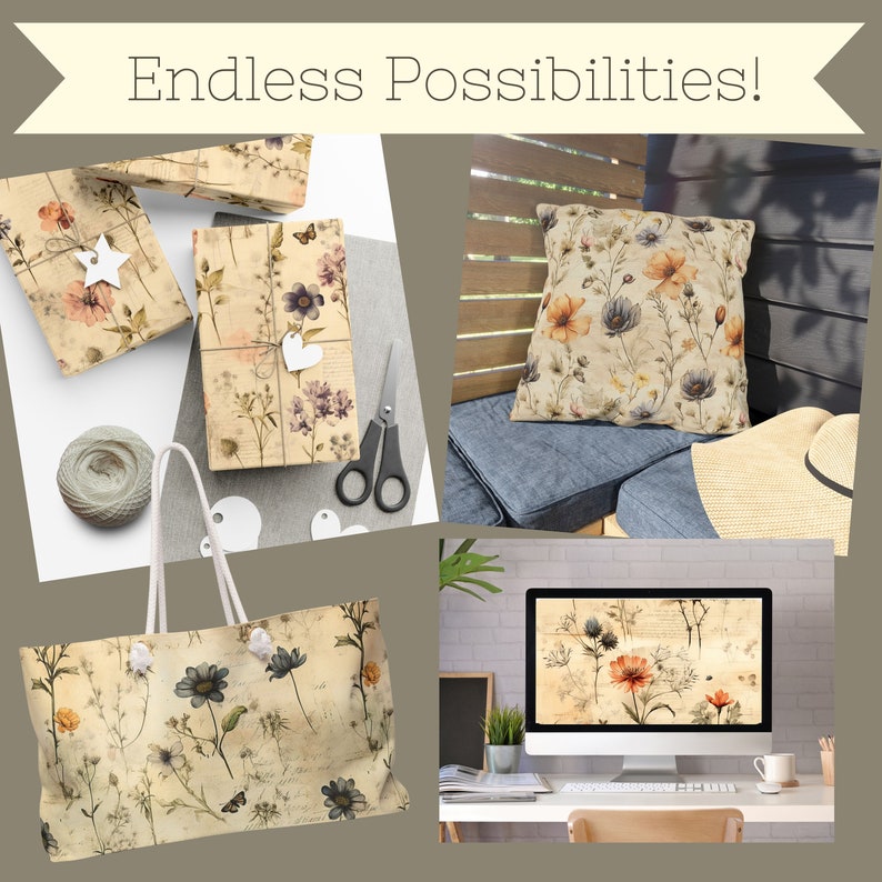 K&ouml;nnte beinhalten: Ein Set aus vier Artikeln mit einem floralen Muster im Vintage-Stil. Die Artikel umfassen eine Tragetasche, ein Kissen, einen Computer-Desktop-Hintergrund und Geschenkpapier. Das Muster zeigt eine Vielzahl von Blumen, darunter Rosen, G&auml;nsebl&uuml;mchen und Wildblumen, in den Farben Rosa, Gelb und Blau. Der Hintergrund ist cremefarben mit einer dezenten Textur.