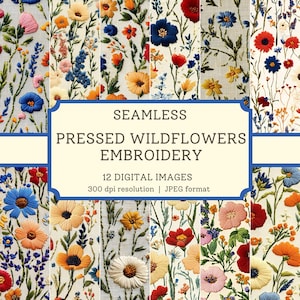 Geperste wilde bloemen digitaal borduurpapier, naadloze afbeeldingen van hoge kwaliteit, afdrukbare bruiloft plakboek/textielontwerpen, digitale achtergronden