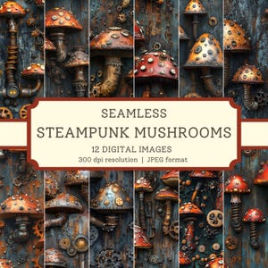 Carta digitale Steampunk Mushrooms, immagini senza soluzione di continuità di alta qualità, album di ritagli meccanici Junk Journal/disegni tessili, sfondi digitali