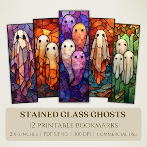 May include: A collection of five stained glass ghost bookmarks. Each bookmark features a unique ghost design in vibrant colors like purple, orange, and green. The bookmarks are 2 x 6 inches in size and are perfect for Halloween or spooky season.