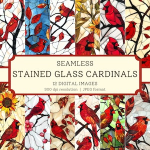 Stained Glass Cardinals Digital Paper, 12 High Quality Seamless Images, Printable Bird Scrapbook Paper/Textile Designs, Digital Backgrounds