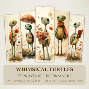 Wunderliche Schildkröten Lesezeichen, hochwertige digitale Bilder, Sofort Download, Buch-Liebhaber-Geschenk, schrullig Vintage-Stil Schildkröte PNG