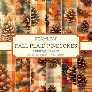 Papier numérique à carreaux d'automne avec pommes de pin, images transparentes de haute qualité, albums de feuilles d'automne imprimables/designs textiles, arrière-plans numériques
