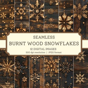 Papier numérique flocons de neige en bois brûlé, images transparentes de haute qualité, albums d'hiver imprimables/designs textiles, arrière-plans de Noël rustiques