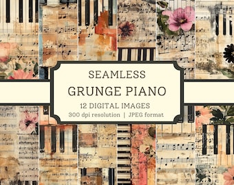 Könnte beinhalten: Eine digitale Collage aus 12 nahtlosen Grunge-Klaviermustern. Die Muster zeigen Klaviertasten, Noten und florale Elemente in Braun-, Beige- und Rosatönen. Der Text "Seamless Grunge Piano 12 Digital Images 300 dpi resolution | JPEG format" wird auf einem weißen Banner angezeigt.