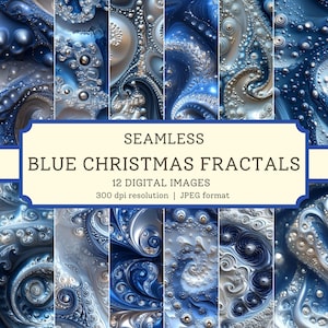 Könnte beinhalten: Zwölf nahtlose digitale Bilder von blauen und silbernen Weihnachtsfraktalen. Die Bilder haben eine Auflösung von 300 dpi und sind im JPEG-Format.