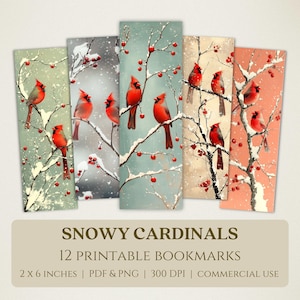 Signets imprimables Cardinaux enneigés, Images numériques de haute qualité, Téléchargement immédiat, Cadeau pour amateur de club de lecture, Motifs d'observation d'oiseaux dans la neige en hiver