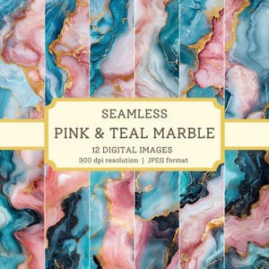 May include: Seamless digital paper pattern featuring pink, teal, and gold marble swirls. 12 digital images, 300 dpi resolution, JPEG format.