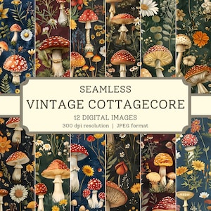 Vintage Cottagecore Mushrooms digitaal papier, 12 naadloze afbeeldingen van hoge kwaliteit, afdrukbaar plakboekpapier/textielontwerpen, digitale achtergronden
