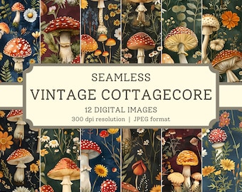 Vintage Cottagecore Mushrooms Digital Paper, 12 High Quality Seamless Images, Printable Scrapbook Paper/Textile Designs, Digital Backgrounds