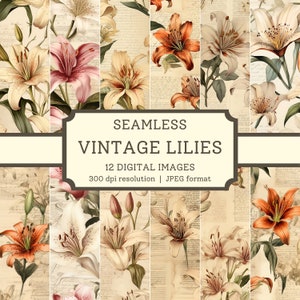 Papel digital de lírios vintage, imagens sem emendas de alta qualidade, designs têxteis/desenhos de scrapbook de casamento de jardinagem para impressão, fundo digital de flores
