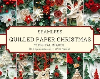 Quilled Paper Christmas Digital Paper, High Quality Seamless Images, Printable Scrapbook Pages, Textile Designs, Holiday Backgrounds