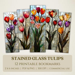 Marque-pages imprimables tulipes en vitrail, images numériques de haute qualité, téléchargement immédiat, cadeau pour amateur de club de lecture, jardin fleuri printanier
