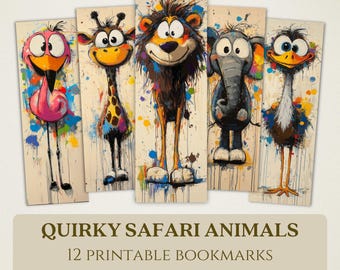 Quirky Safari Animals Printable Bookmarks, High Quality Digital Images, Instant Download, Book Club Lover, Colorful Cartoon African Animals