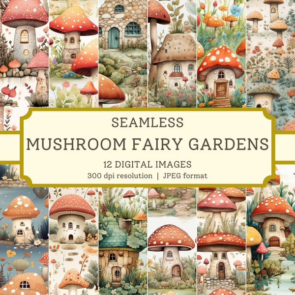 Mushroom Fairy Gardens Digital Paper, 12 High Quality Seamless Images, Printable Scrapbook Paper/Textile Designs, Digital Backgrounds