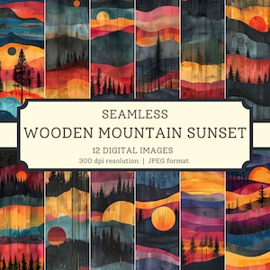 Carta digitale "Tramonto in montagna in legno", 12 immagini di alta qualità senza soluzione di continuità, design stampabili per album e tessuti, sfondi digitali
