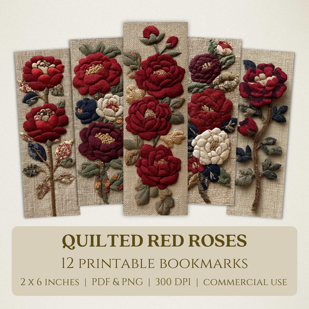 Red Roses Bookmarks Quilted Red Roses Printable Bookmarks, High Quality Digital Images ...