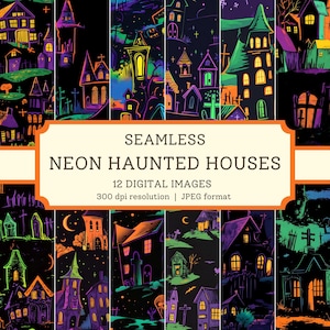ネオンのお化け屋敷デジタルペーパー、高品質のシームレスな画像、不気味なハロウィーンのスクラップブック/テキスタイルデザイン、秋のデジタル背景