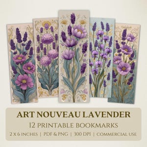 Op de afbeelding: Vijf rechthoekige bladwijzers met bloemmotieven. Elke bladwijzer heeft een andere opstelling van paarse lavendelbloemen en groene bladeren tegen een lichte achtergrond. De tekst "ART NOUVEAU LAVENDER" en "12 PRINTABLE BOOKMARKS" zijn zichtbaar. Elke bladwijzer is 5 x 15 cm.