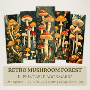 Signets imprimables rétro forêt de champignons, images numériques de haute qualité, téléchargement immédiat, cadeau pour les amoureux du club de lecture, vintage champignon vénéneux jardin PNG